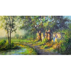 Hanif Shahzad, Village Old Trees, 14 x 26 Inch, Oil on Canvas,  Landscape Painting, AC-HNS-115